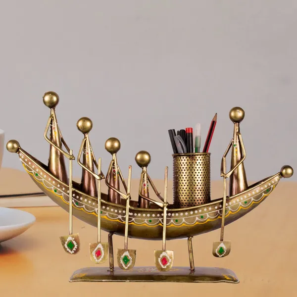 Brown_Antique_Handcrafted_Iron_Boat_Shape_Penstand/Pencil_Holder|Stnad|_Showpiece_With_Chakus_Gifts