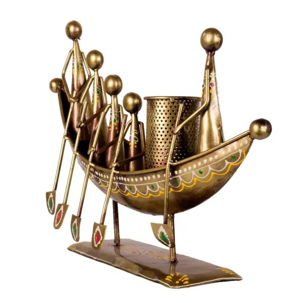 Brown_Antique_Handcrafted_Iron_Boat_Shape_Penstand/Pencil_Holder|Stnad|_Showpiece_With_Chakus_Gifts