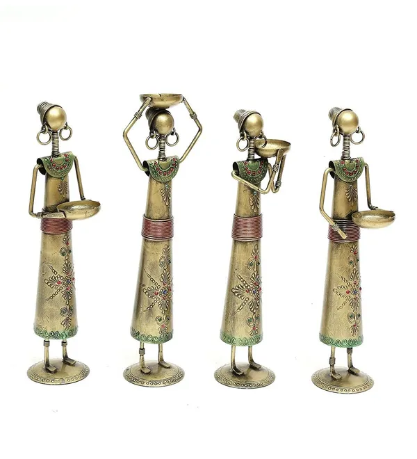 Golden_Antique_Metal_Wrought_Iron_Tribal_Lady_Worker_|_Showpieces_Ladies_Doll_Figurine_Statue_Decorative_Items
