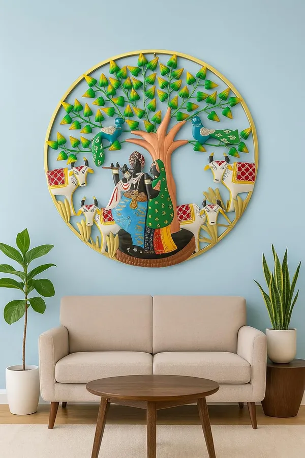 IRON_PAINTED_WALL_ROUND4_COW_KRISHNA_W/_TREE