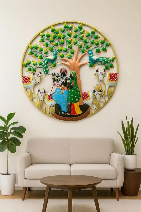 IRON_PAINTED_WALL_ROUND4_COW_KRISHNA_W/_TREE