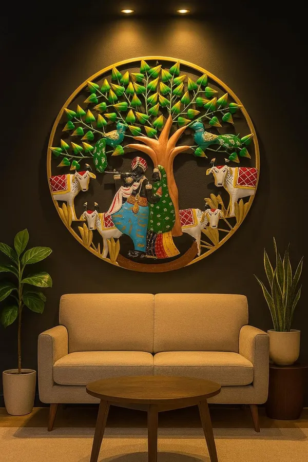 IRON_PAINTED_WALL_ROUND4_COW_KRISHNA_W/_TREE