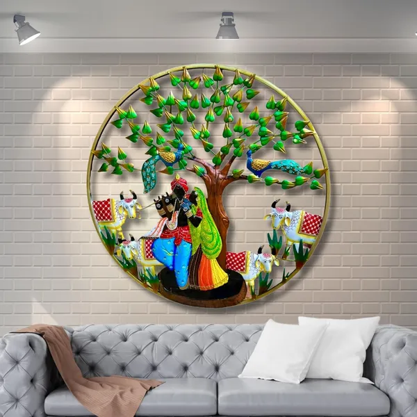 IRON_PAINTED_WALL_ROUND4_COW_KRISHNA_W/_TREE