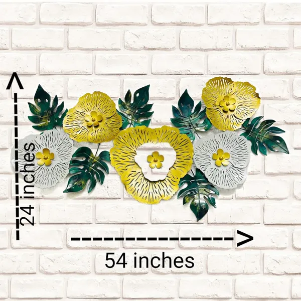 Metal_Flower_Wall_Art_Hanging_Decor_Abstract_Golden_Green_And_White_Floral_(54_x_24_Inch)