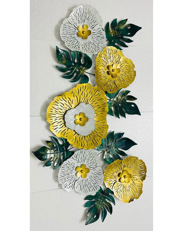 Metal_Flower_Wall_Art_Hanging_Decor_Abstract_Golden_Green_And_White_Floral_(54_x_24_Inch)