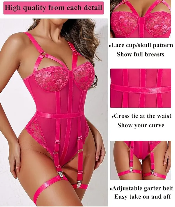 Pink_Lace_Bustier_Garter_Straps_Sheer_Babydoll_Dress_|_Lingerie_For_Women