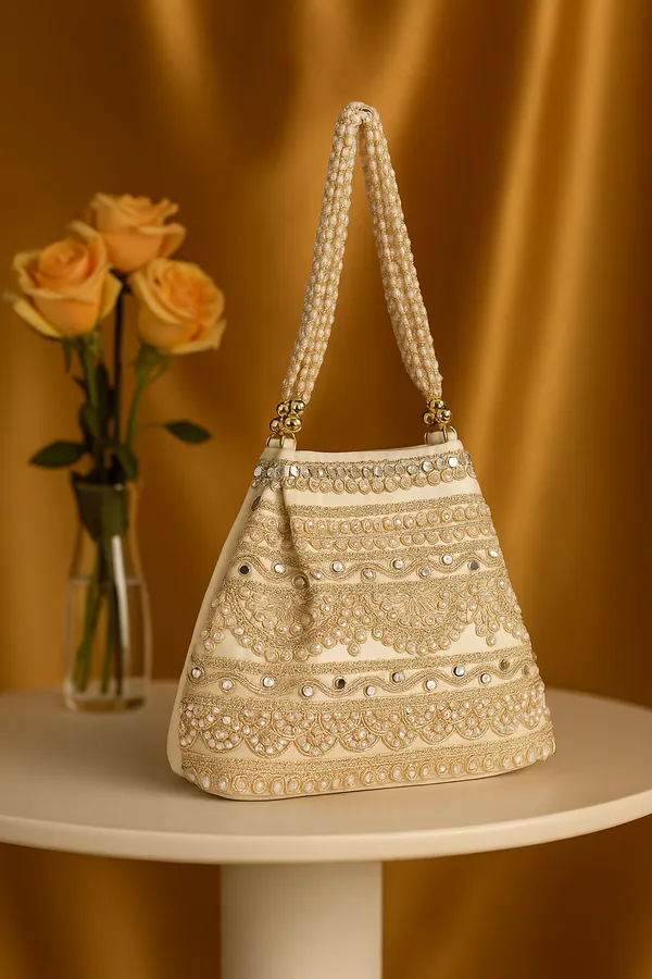 Cream_Velvet__Embroidery_Wedding_Party_Handheld_Potli_Bag_For_Women