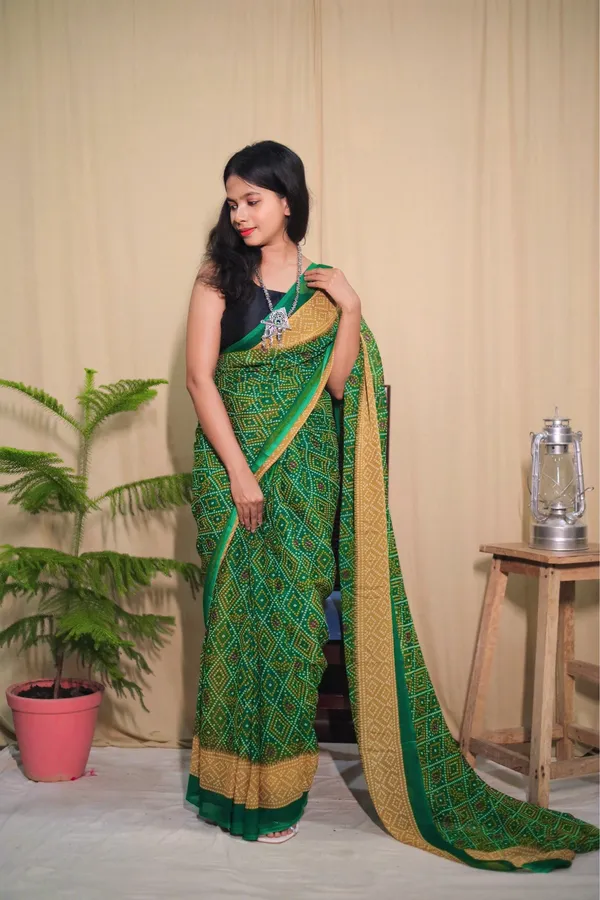Deep_Green_&_Yellow_Georgette_Printed_Saree_With_Unstitched_Blouse_Piece_|_For_Women