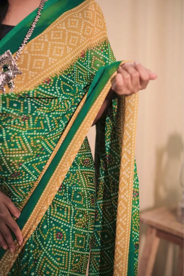 Deep_Green_&_Yellow_Georgette_Printed_Saree_With_Unstitched_Blouse_Piece_|_For_Women