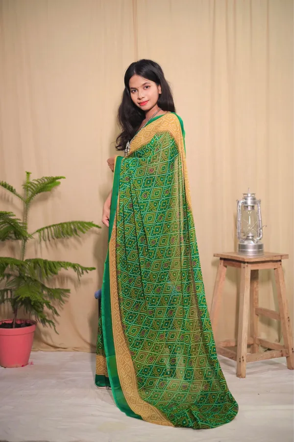 Deep_Green_&_Yellow_Georgette_Printed_Saree_With_Unstitched_Blouse_Piece_|_For_Women