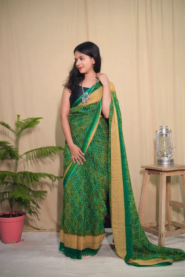 Deep_Green_&_Yellow_Georgette_Printed_Saree_With_Unstitched_Blouse_Piece_|_For_Women