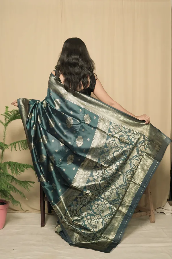 Teal_Litchi_Silk_Jacquard_Work_Saree_With_Unstitched_Blouse_Piece_|_For_Women