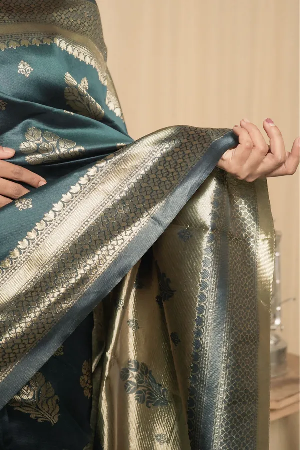 Teal_Litchi_Silk_Jacquard_Work_Saree_With_Unstitched_Blouse_Piece_|_For_Women