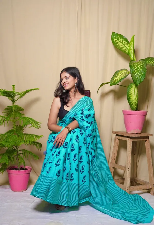Light_Blue_Mulmul_Cotton_Printed_Saree_With_Unstitched_Blouse_Piece_|_For_Women