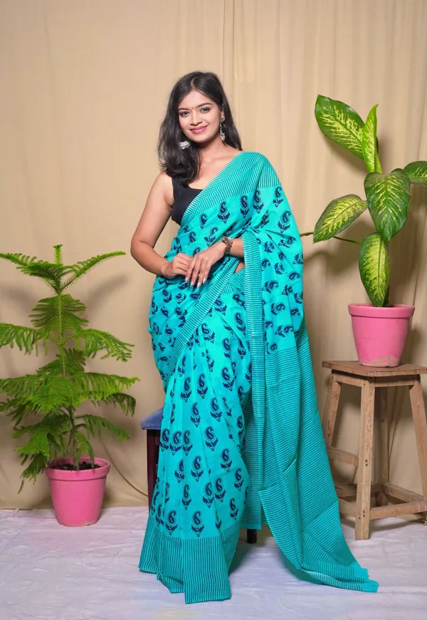 Light_Blue_Mulmul_Cotton_Printed_Saree_With_Unstitched_Blouse_Piece_|_For_Women