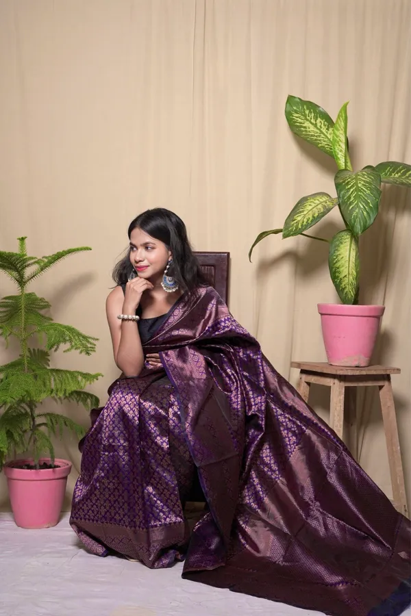 Dark_Purple_Litchi_Silk_Jacquard_Word_Saree_With_Unstitched_Blouse_Piece_|_For_Women