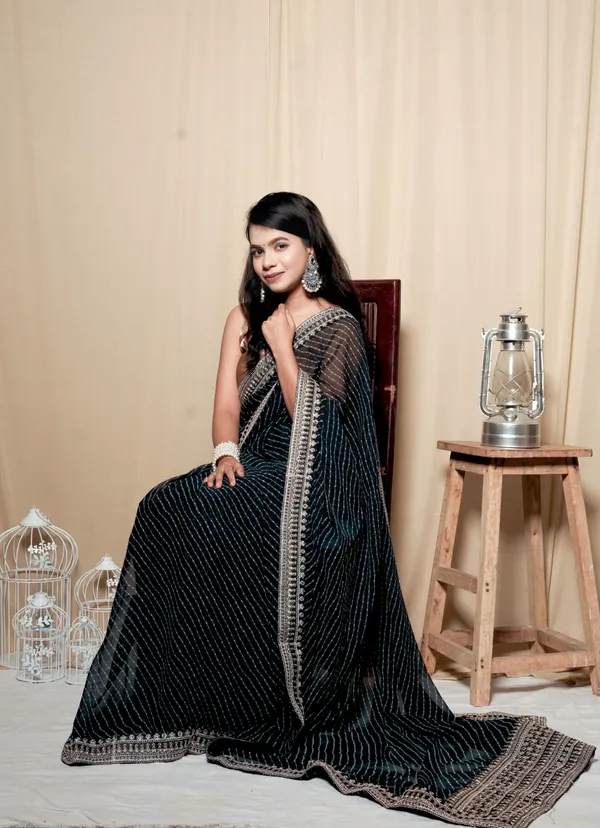 Black_Georgette_Embroidered_Saree_With_Unstitched_Blouse_Piece_|_For_Women