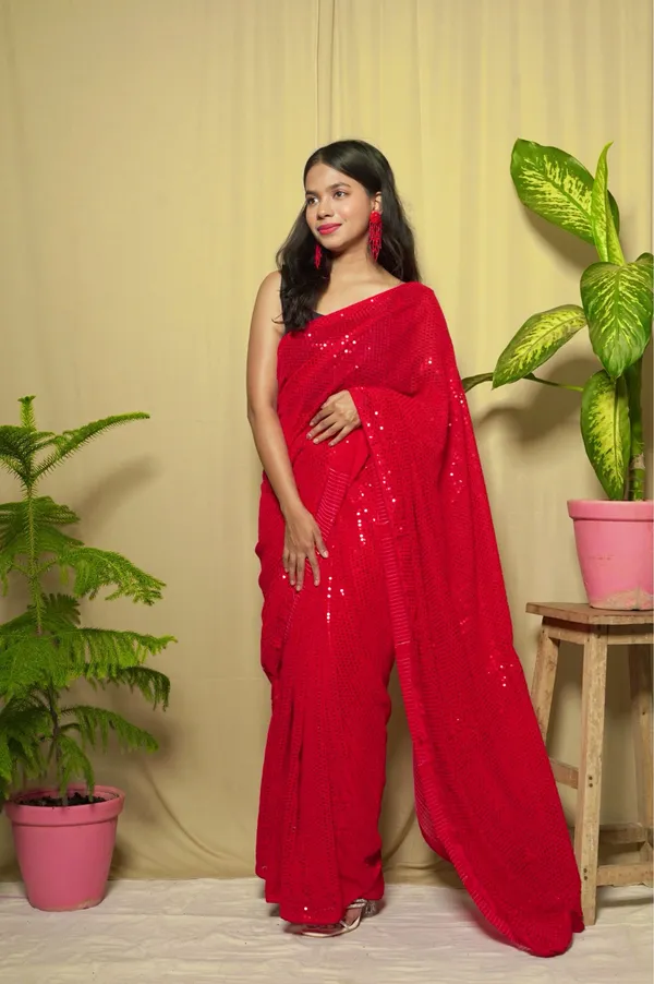 Red_Georgette_Sequin_Work_Saree_With_Unstitched_Blouse_Piece_|_For_Women