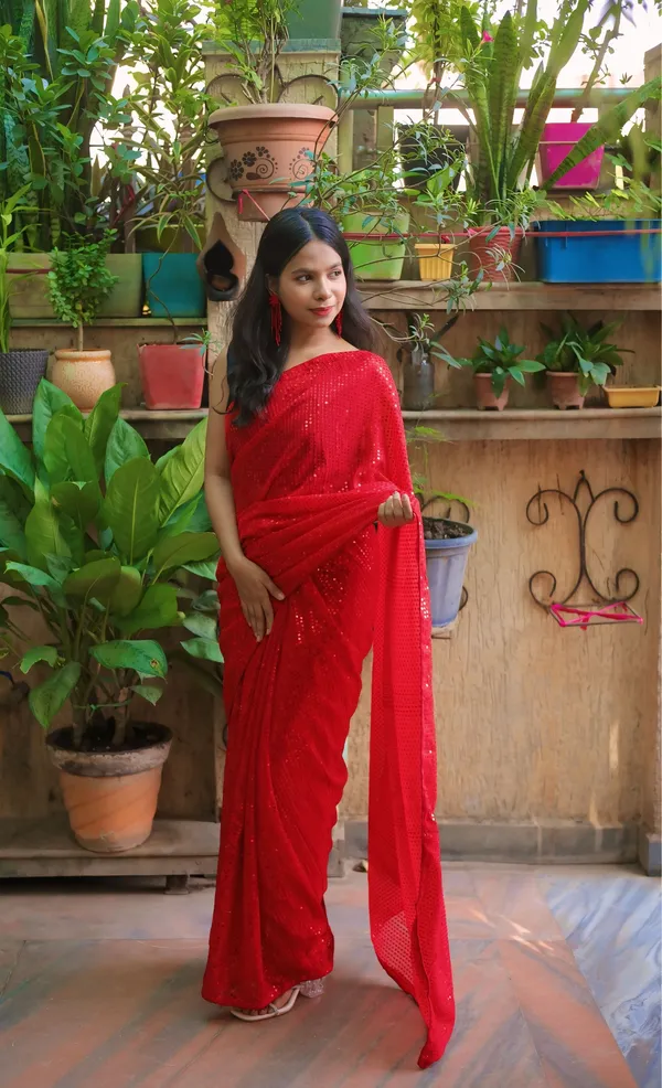 Red_Georgette_Sequin_Work_Saree_With_Unstitched_Blouse_Piece_|_For_Women
