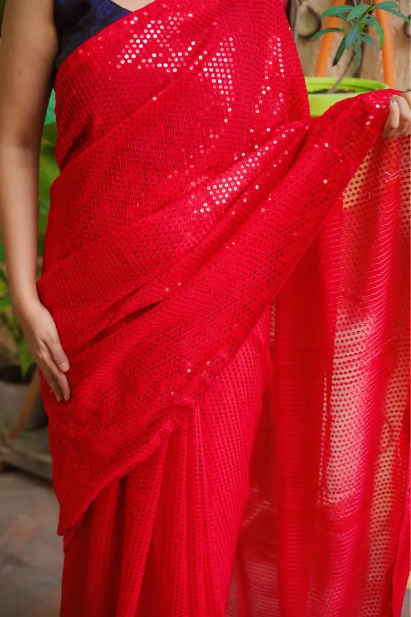 Red_Georgette_Sequin_Work_Saree_With_Unstitched_Blouse_Piece_|_For_Women