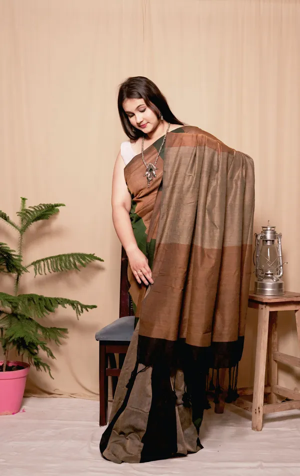 Brown_&_Green_Handloom_Khadi_Cotton_Colorblock_Saree_With_Unstitched_Blouse_Piece_|_For_Women