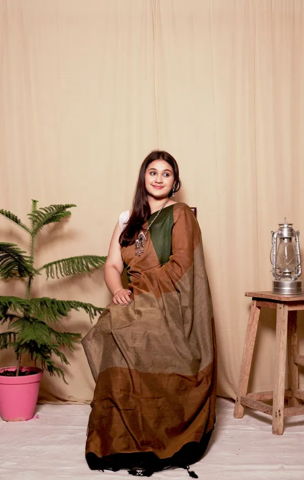 Brown_&_Green_Handloom_Khadi_Cotton_Colorblock_Saree_With_Unstitched_Blouse_Piece_|_For_Women