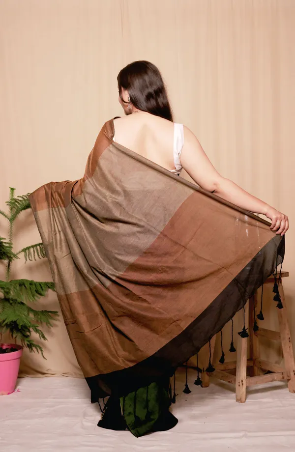 Brown_&_Green_Handloom_Khadi_Cotton_Colorblock_Saree_With_Unstitched_Blouse_Piece_|_For_Women