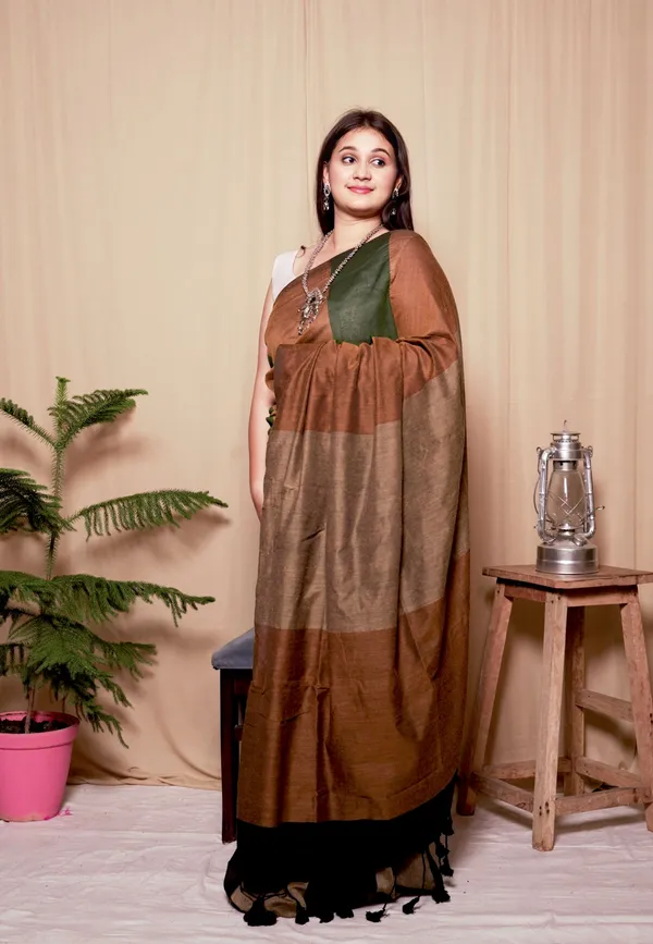 Brown_&_Green_Handloom_Khadi_Cotton_Colorblock_Saree_With_Unstitched_Blouse_Piece_|_For_Women