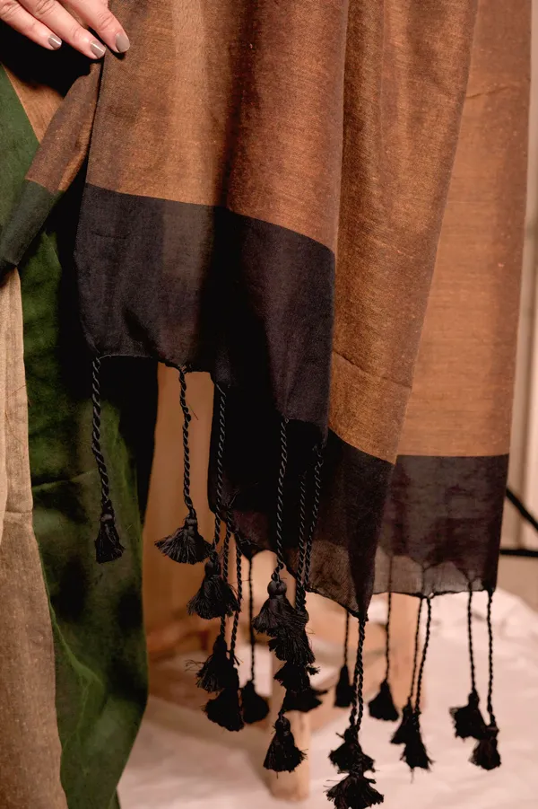 Brown_&_Green_Handloom_Khadi_Cotton_Colorblock_Saree_With_Unstitched_Blouse_Piece_|_For_Women