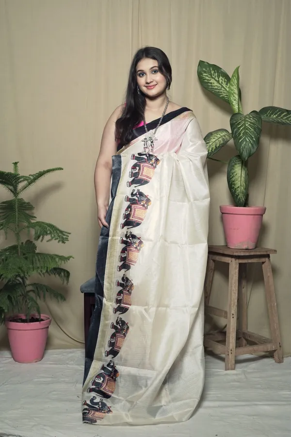 White_Khadi_Silk_Elephant_Motif_&_Zari_Border_Saree_With_Unstitched_Blouse_Piece_|_For_Women