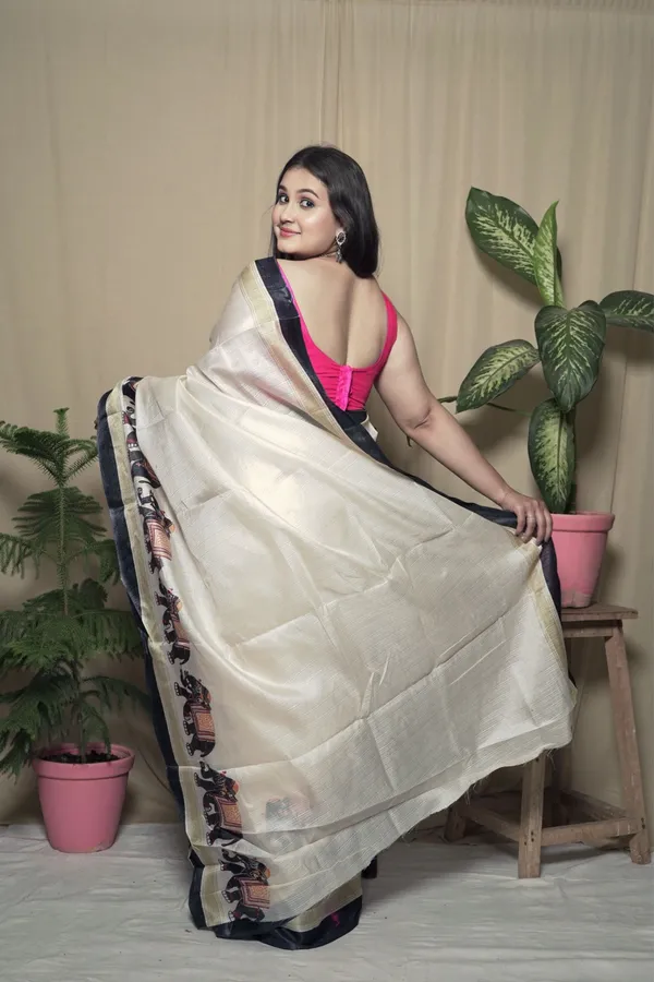 White_Khadi_Silk_Elephant_Motif_&_Zari_Border_Saree_With_Unstitched_Blouse_Piece_|_For_Women