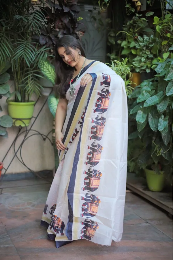 White_Khadi_Silk_Elephant_Motif_&_Zari_Border_Saree_With_Unstitched_Blouse_Piece_|_For_Women