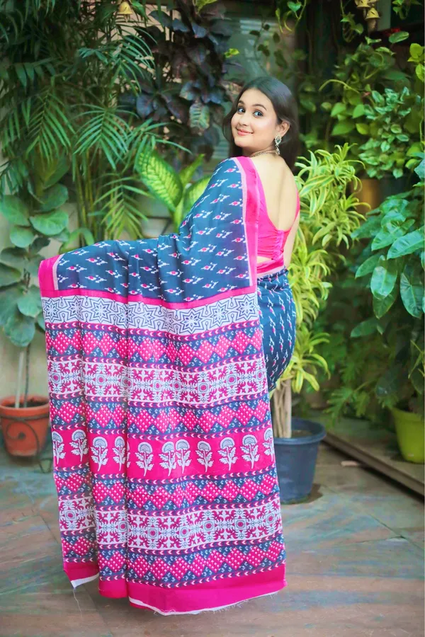Black_&_Magenta_Mulmul_Cotton_Printed_Saree_With_Unstitched_Blouse_Piece_|_For_Women
