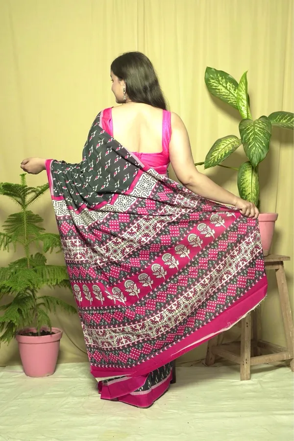 Black_&_Magenta_Mulmul_Cotton_Printed_Saree_With_Unstitched_Blouse_Piece_|_For_Women
