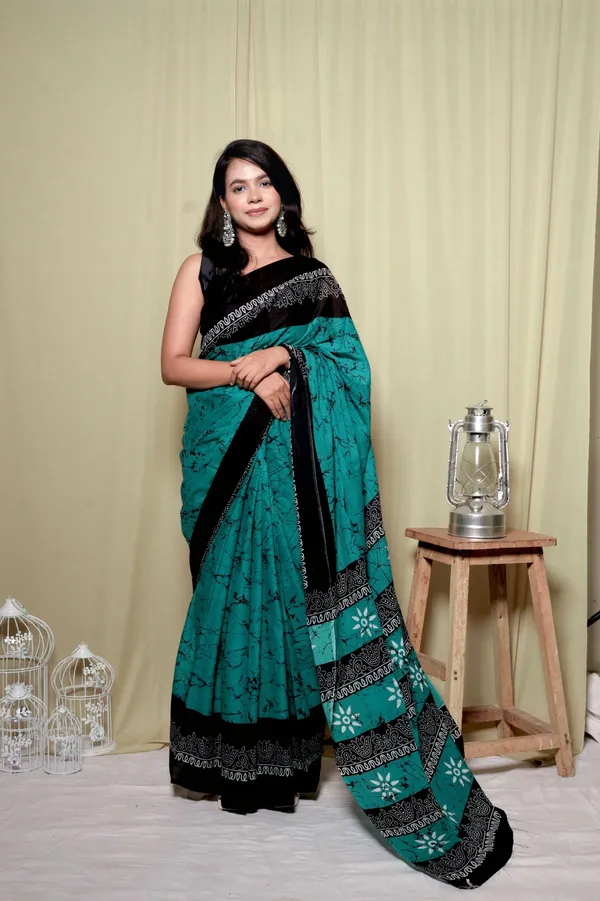 Teal_&_Black_Mulmul_Cotton_Printed_Saree_With_Unstitched_Blouse_Piece_|_For_Women