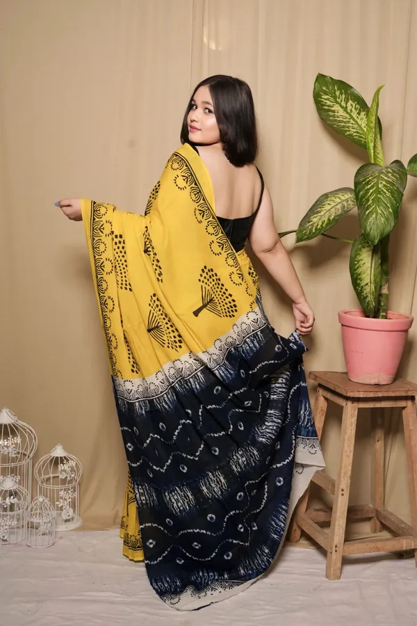 Yellow_&_Black_Mulmul_Cotton_Printed_Saree_With_Unstitched_Blouse_Piece_|_For_Women