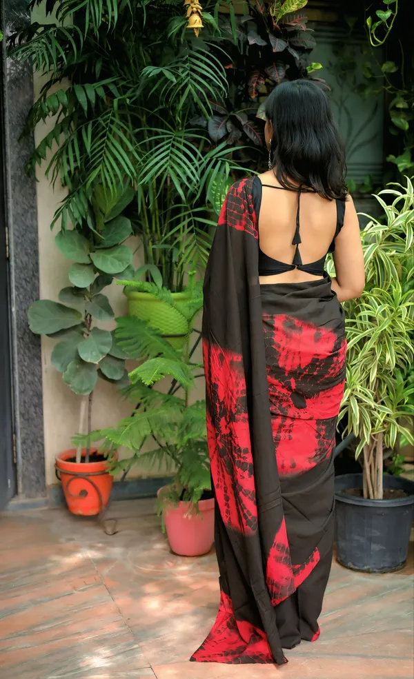 Black_&_Red_Satin_Printed_Saree_With_Unstitched_Blouse_Piece_|_For_Women