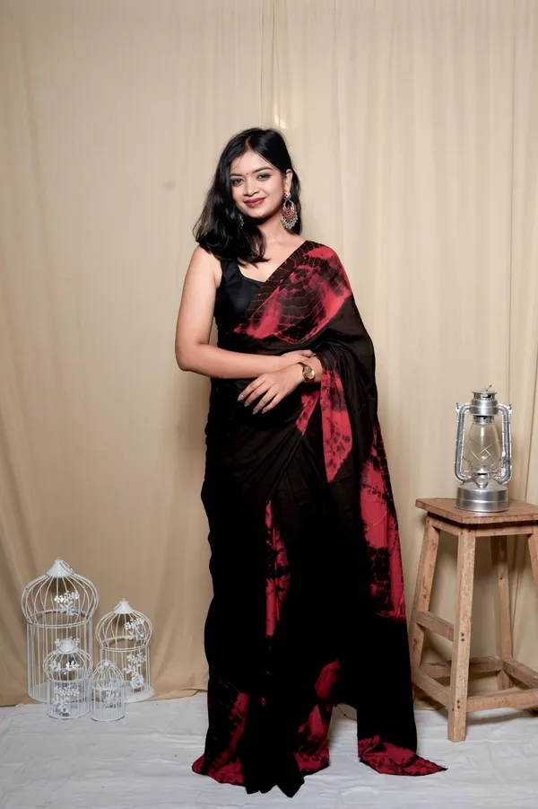 Black_&_Red_Satin_Printed_Saree_With_Unstitched_Blouse_Piece_|_For_Women