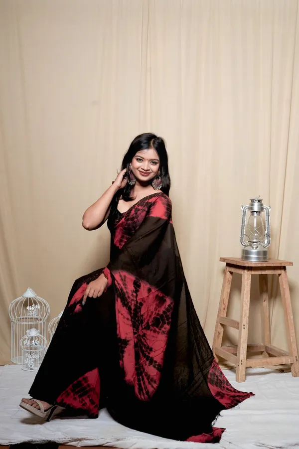 Black_&_Red_Satin_Printed_Saree_With_Unstitched_Blouse_Piece_|_For_Women