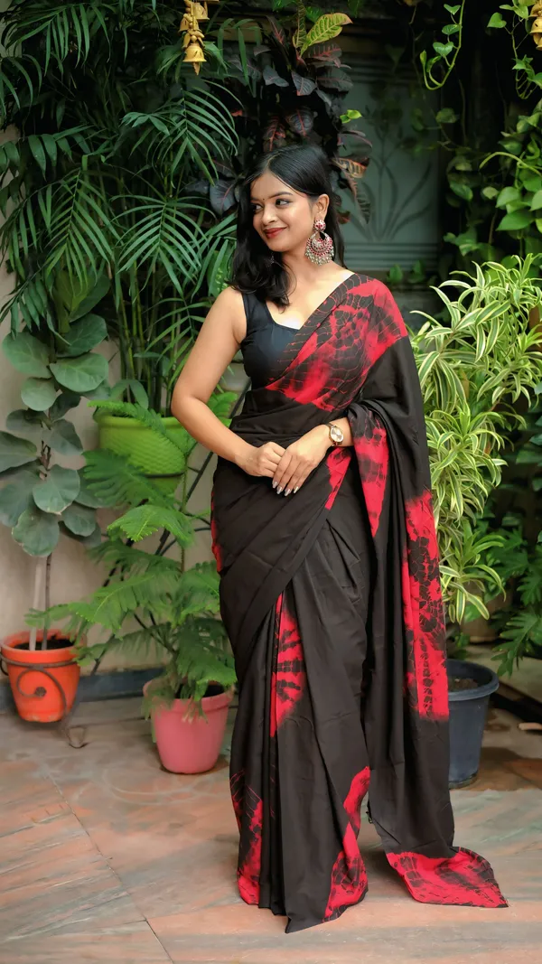 Black_&_Red_Satin_Printed_Saree_With_Unstitched_Blouse_Piece_|_For_Women