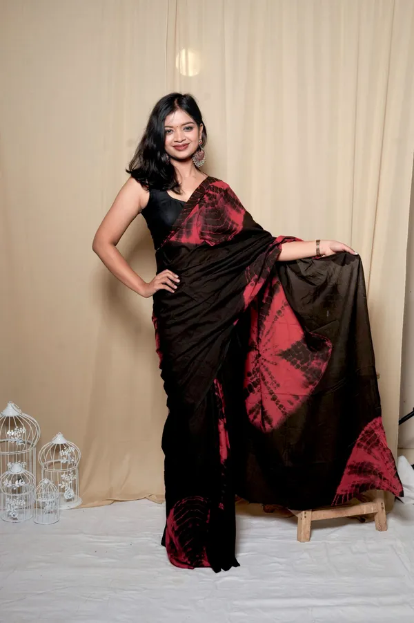 Black_&_Red_Satin_Printed_Saree_With_Unstitched_Blouse_Piece_|_For_Women