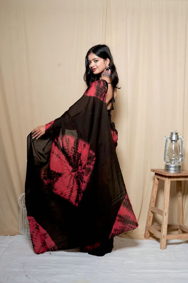 Black_&_Red_Satin_Printed_Saree_With_Unstitched_Blouse_Piece_|_For_Women