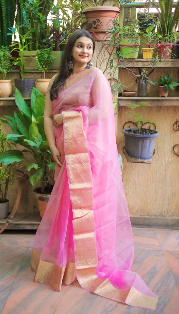 Multicolor_Kora_Organza_Solid_Saree_With_Unstitched_Blouse_Piece_|_For_Women