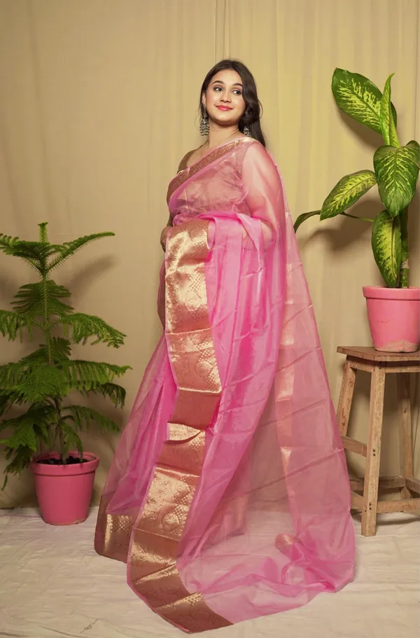 Multicolor_Kora_Organza_Solid_Saree_With_Unstitched_Blouse_Piece_|_For_Women