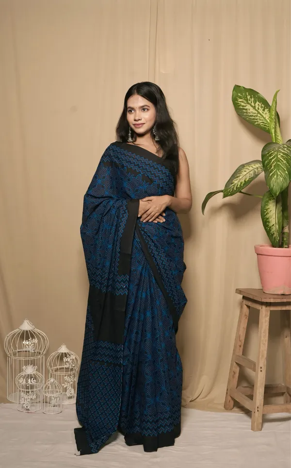 Navy_Blue_Mulmul_Cotton_Printed_Saree_With_Unstitched_Blouse_Piece_|_For_Women