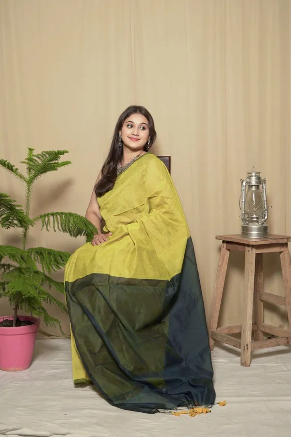 Olive_Green_&_Yellow_Khadi_Cotton_Silk_Solid_Saree_With_Unstitched_Blouse_Piece_|_For_Women