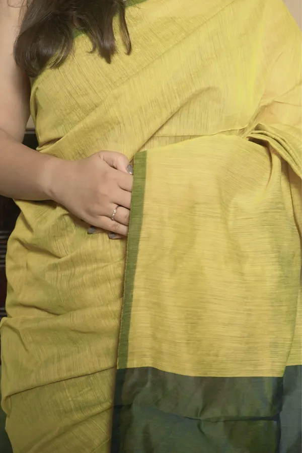 Olive_Green_&_Yellow_Khadi_Cotton_Silk_Solid_Saree_With_Unstitched_Blouse_Piece_|_For_Women