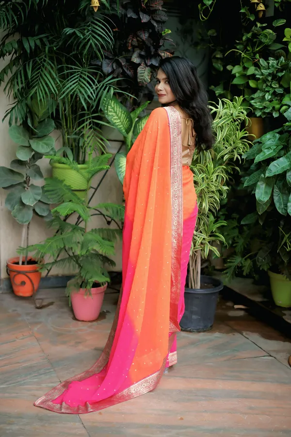 Pink_And_Orange_Georgette_Foil_Printed_Saree_With_Unstitched_Blouse_Piece_|_For_Women