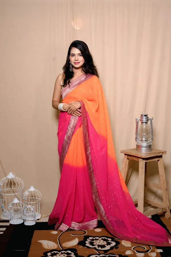 Pink_And_Orange_Georgette_Foil_Printed_Saree_With_Unstitched_Blouse_Piece_|_For_Women