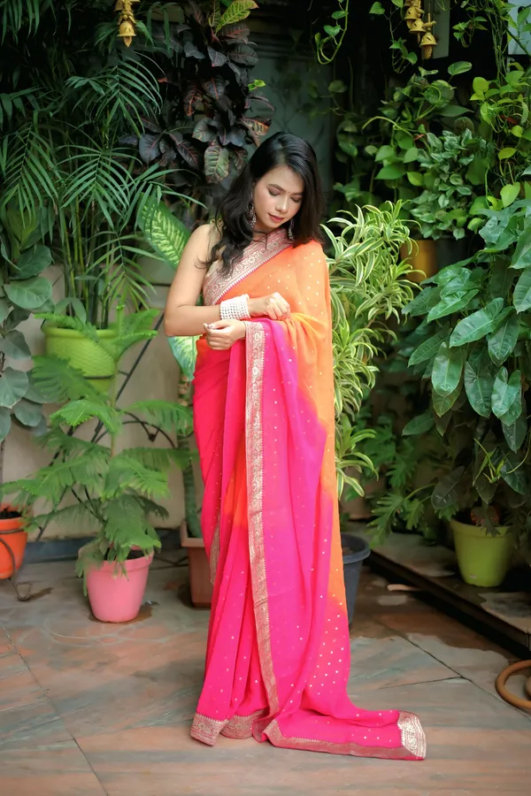 Pink_And_Orange_Georgette_Foil_Printed_Saree_With_Unstitched_Blouse_Piece_|_For_Women
